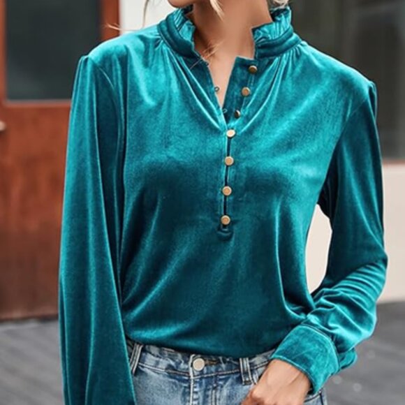 Turquoise Green Velvet Frilled Neck with Buttons Size S - Picture 1 of 4